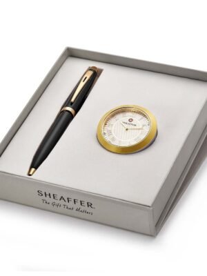 SHEAFFER 9322 GLOSSY GIFT SET BLACK GOLD TRIM BALL PEN WITH TABLE CLOCK 3700
