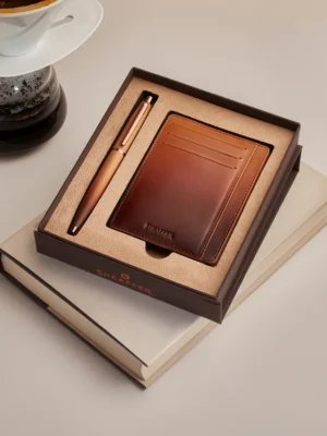 SHEAFFER 9428 COFFEE EDITION MATT BROWN WITH REGAL BROWN PVD TRIMS BALL PEN WITH COFFEE CREDIT CARD HOLDER