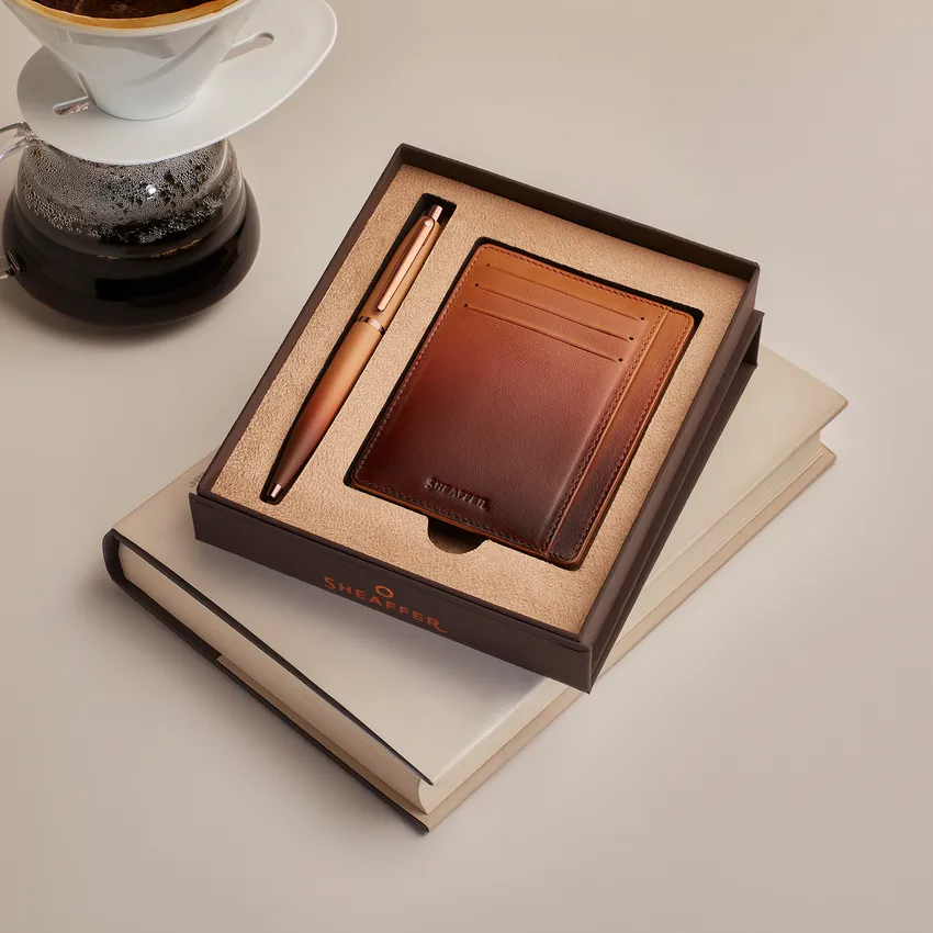 SHEAFFER 9428 COFFEE EDITION MATT BROWN WITH REGAL BROWN PVD TRIMS BALL PEN WITH COFFEE CREDIT CARD HOLDER